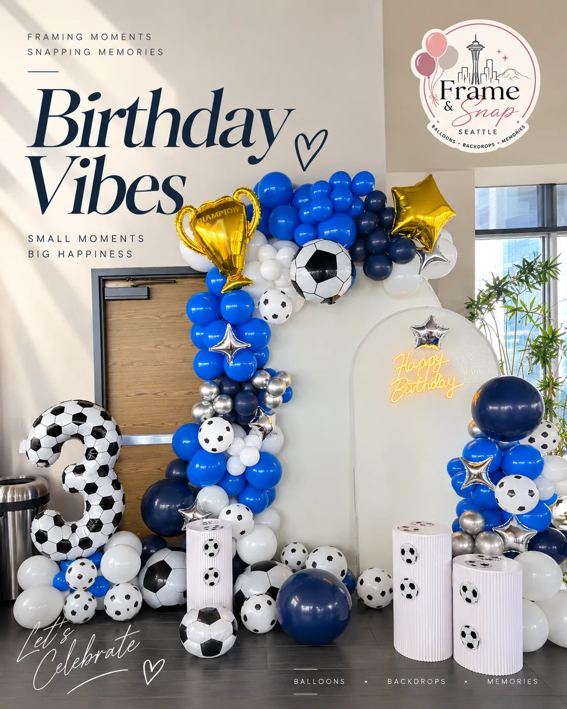 Royal blue, navy, white and silver balloons with soccer-ball balloons, a champion trophy and a number 3, around arch backdrops with a Happy Birthday neon.